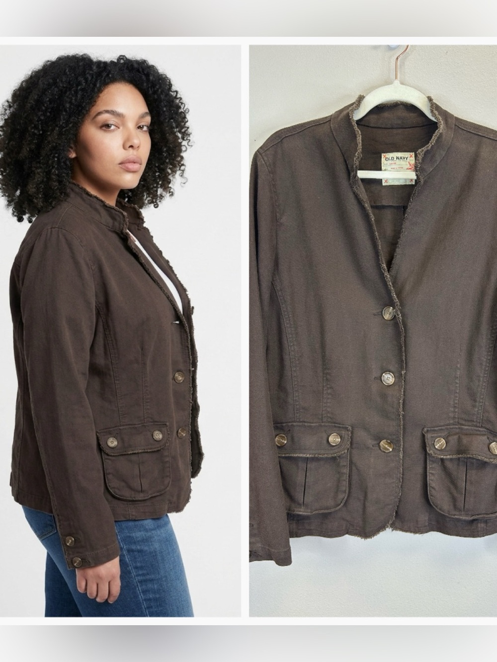 Linen Cotton Brown Frayed Trim Button Jacket Size‎ L Vintage Neutral Minimalist